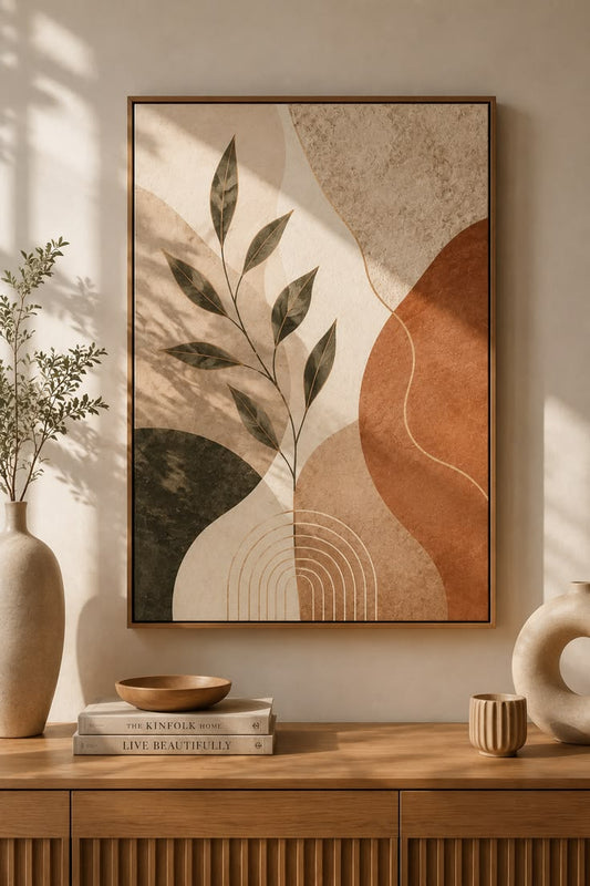 Tableau Mural Botanique Abstrait – Feuilles & Vase en Terracotta